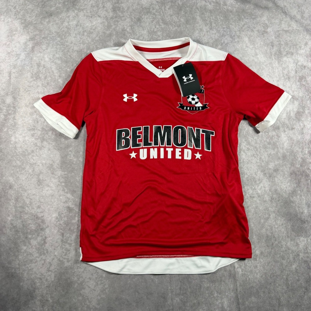 Under Armour Belmont United Soccer Jersey Red White Youth Large YL #24 NWT